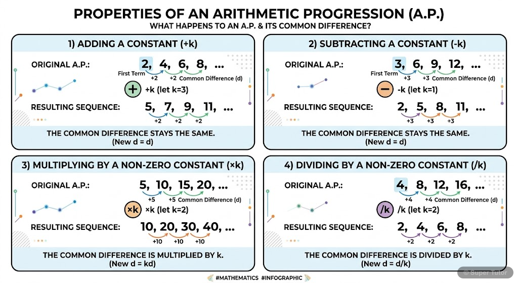 An infographic summarizing how an A.P. is affected when a constant is added to, subtracted from, multiplied by, or divided by each term.