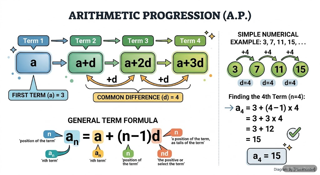 Illustrates the structure of an Arithmetic Progression (A.P.), showing the first term 'a' and common difference 'd', along with the general term formula.