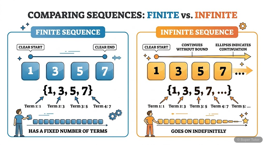 Finite vs. Infinite Sequences Compares finite and infinite sequences, showing examples of each and highlighting the presence or absence of a last term.