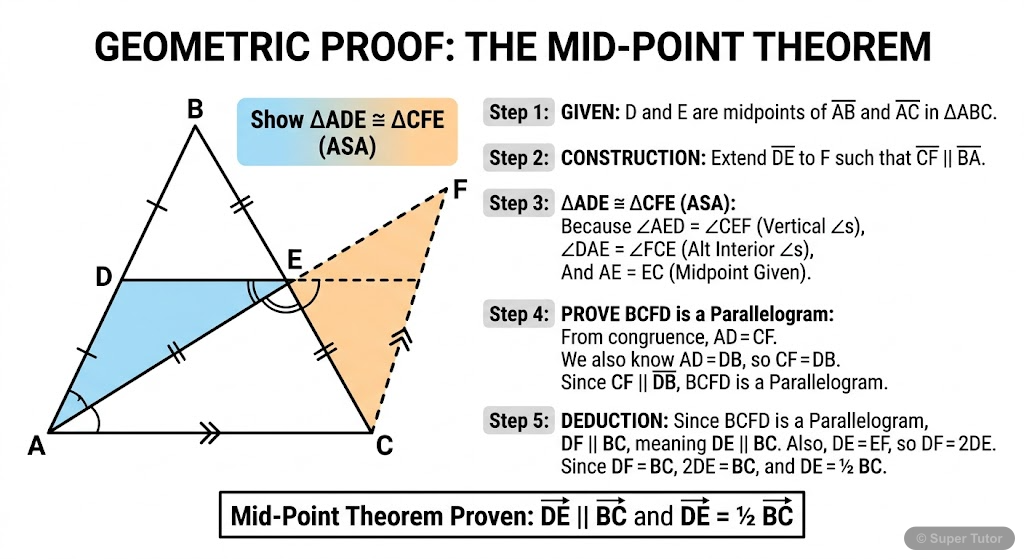 A step-by-step visual proof of the Mid-Point Theorem, showing a triangle ABC with D and E as mid-points of AB and AC respectively. Construction involves drawing CF parallel to BA, extending DE to F, a