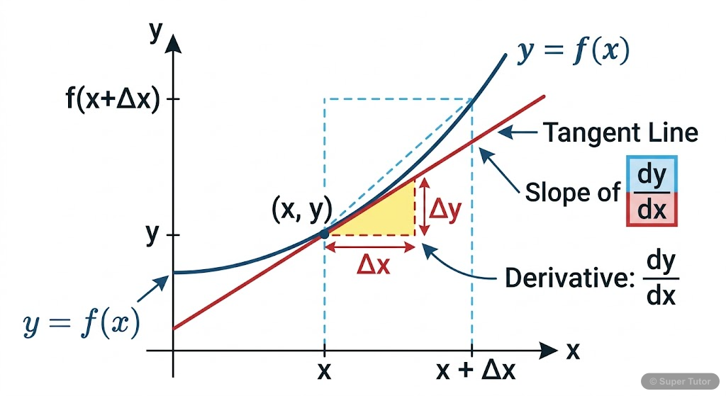A graph of a function y=f(x) with a tangent line at a point (x, y), illustrating dy/dx as the slope of the tangent.