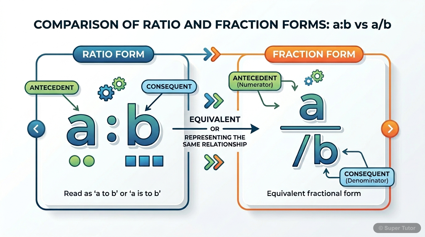 A labeled diagram illustrating the components of a ratio (a:b) with 'a' as the antecedent and 'b' as the consequent.
