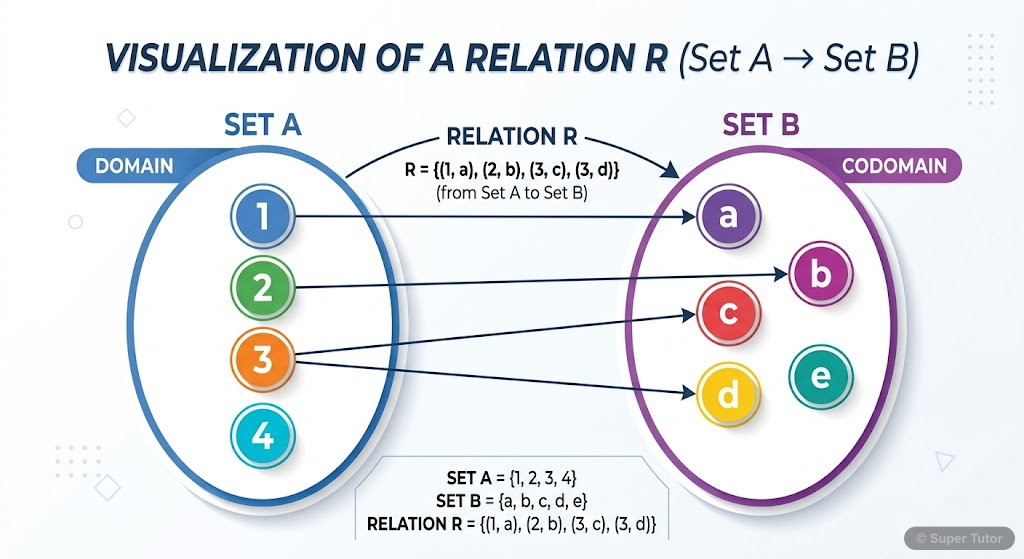 A visual representation of a relation R from set A to set B as a subset of the Cartesian product A x B, showing elements of A mapped to elements of B.
