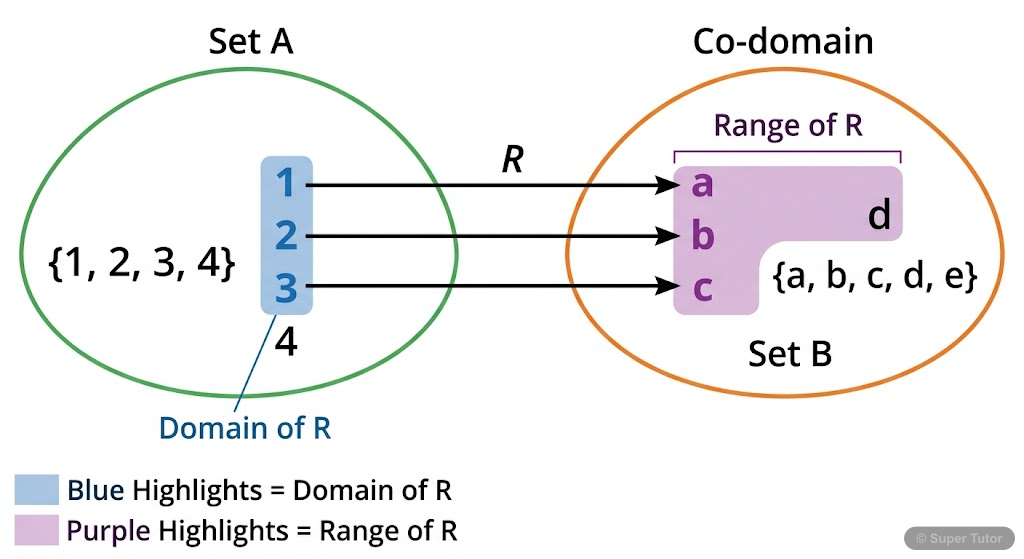 Domain, Range, and Co-domain of a Relation A diagram illustrating the domain, range, and co-domain of a relation R from set A to set B, highlighting which elements belong to each category.