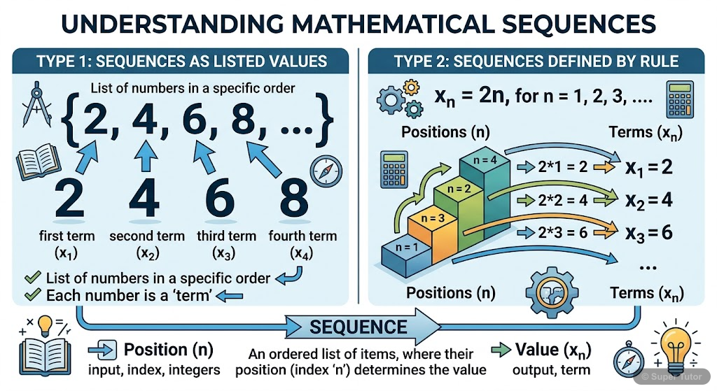 Illustrates the definition of a sequence as an ordered collection of objects, showing how terms are indexed by natural numbers and providing simple examples.