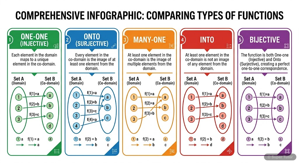 A comprehensive infographic comparing different types of functions: one-one (injective), onto (surjective), many-one, into, and bijective, using set diagrams and clear definitions.