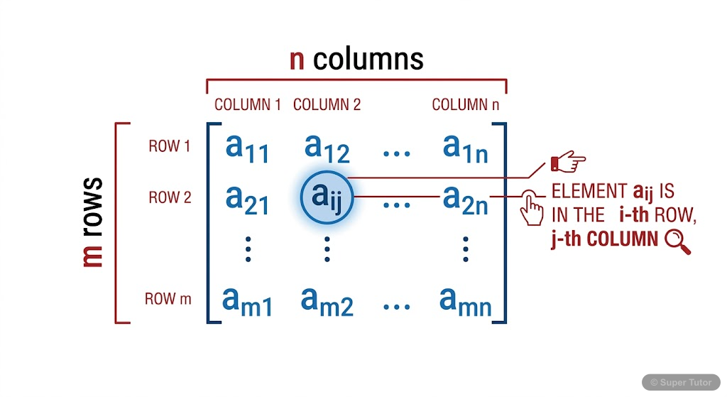 A visual representation of a matrix, clearly showing its elements, rows, columns, and how its order (m x n) is defined. Highlight the 'a_ij' notation for elements.