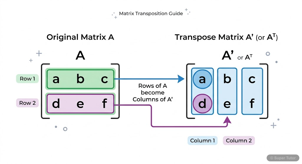 An example showing a matrix A and its transpose A', illustrating how rows become columns and columns become rows.