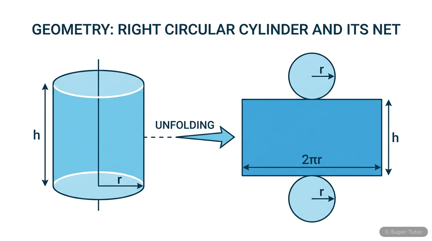 A labeled diagram showing a right circular cylinder with its height (h) and radius (r) clearly marked. An adjacent diagram shows the cylinder 'unfolded' into a rectangle (representing the curved surfa