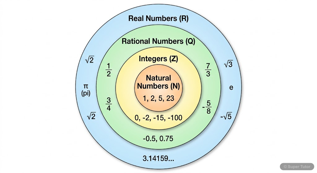 A nested Venn diagram illustrating the relationships between natural numbers (N), integers (Z), rational numbers (Q), and real numbers (R) as subsets of each other.