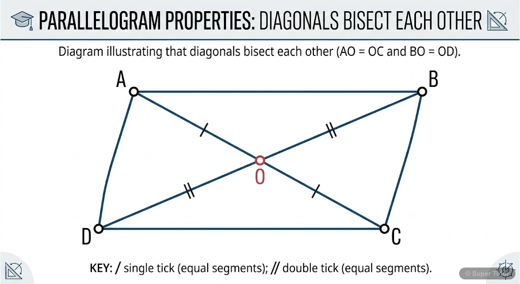 A labeled diagram of a parallelogram ABCD with diagonals AC and BD intersecting at point O, showing that AO=OC and BO=OD with tick marks.