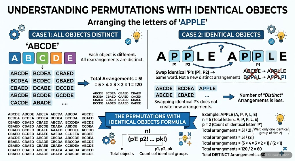 An infographic illustrating permutations when some objects are identical, explaining why the formula n! / (p1! p2! ...) is used, with an example.