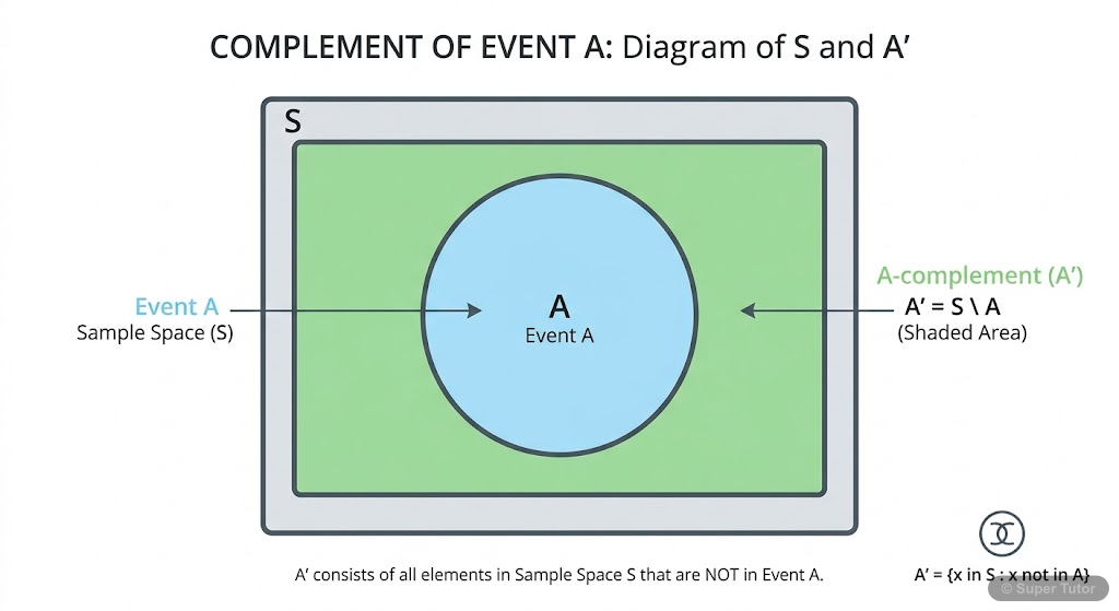 A Venn diagram showing a sample space (S) and an event (A), with the region outside A but within S shaded to represent the complementary event (A').