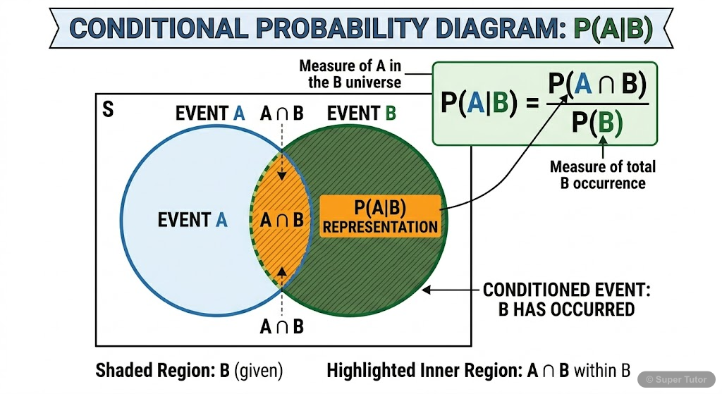 A Venn diagram illustrating conditional probability P(A|B), showing the sample space, event B as the reduced sample space, and the intersection A ∩ B within B.