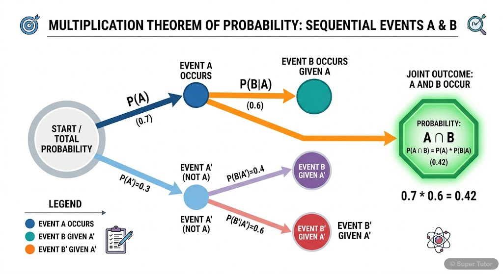 Multiplication Theorem Tree Diagram A tree diagram illustrating the multiplication theorem of probability for two sequential events, showing how to calculate the probability of their intersection.