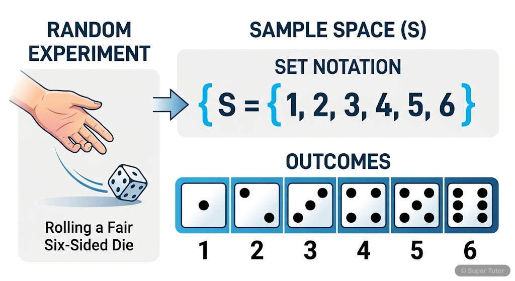 A diagram illustrating a random experiment (e.g., rolling a fair six-sided die) showing all possible outcomes and how they form the sample space. Each outcome is distinct.
