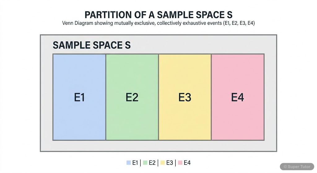 A Venn diagram illustrating a partition of a sample space S into several pairwise disjoint and exhaustive events E1, E2, ..., En.