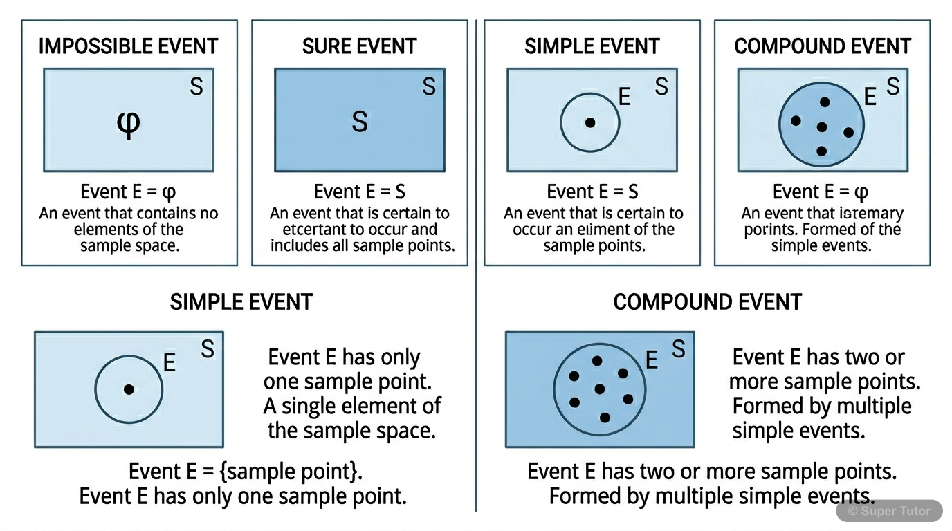 Types of Events A series of small Venn diagrams or a single composite diagram illustrating impossible, sure, simple, and compound events within a sample space.