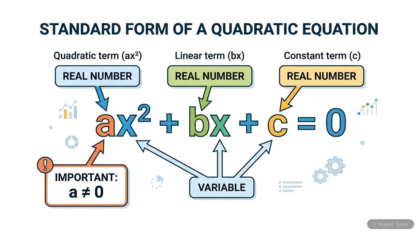 A labeled diagram explaining the standard form of a quadratic equation, highlighting the coefficients and the condition a ≠ 0.