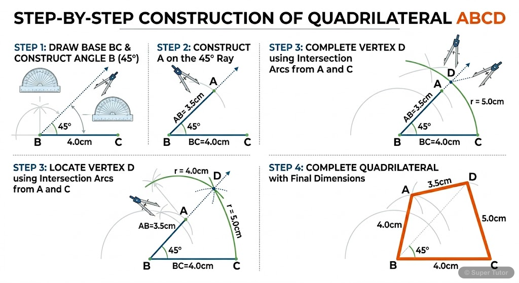 A step-by-step diagram showing the construction of a quadrilateral when four side lengths and one interior angle are provided, using a ruler and compass.