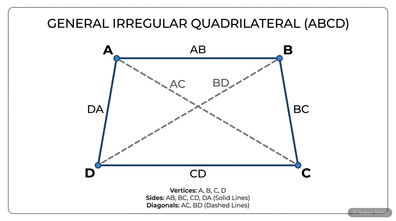 A labeled diagram of a general quadrilateral showing its sides, vertices, and diagonals.