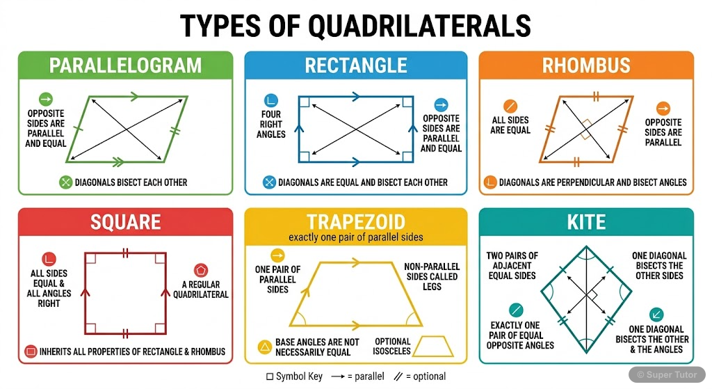 An infographic showing different types of quadrilaterals (parallelogram, rectangle, rhombus, square, trapezoid, kite) with their defining properties (parallel sides, equal sides, equal angles, diagona