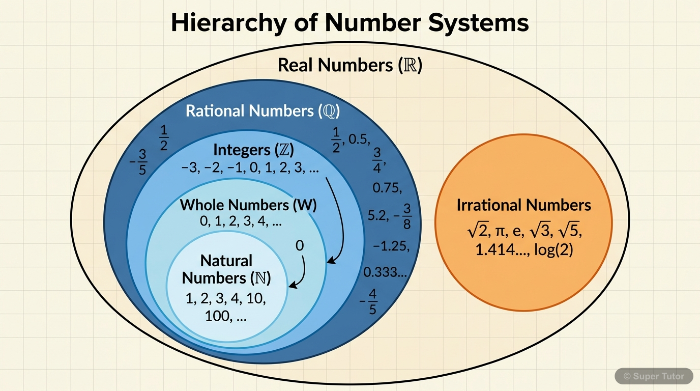 A Venn diagram illustrating the classification of real numbers into rational and irrational numbers, with further subdivisions for rational numbers (integers, whole numbers, natural numbers).