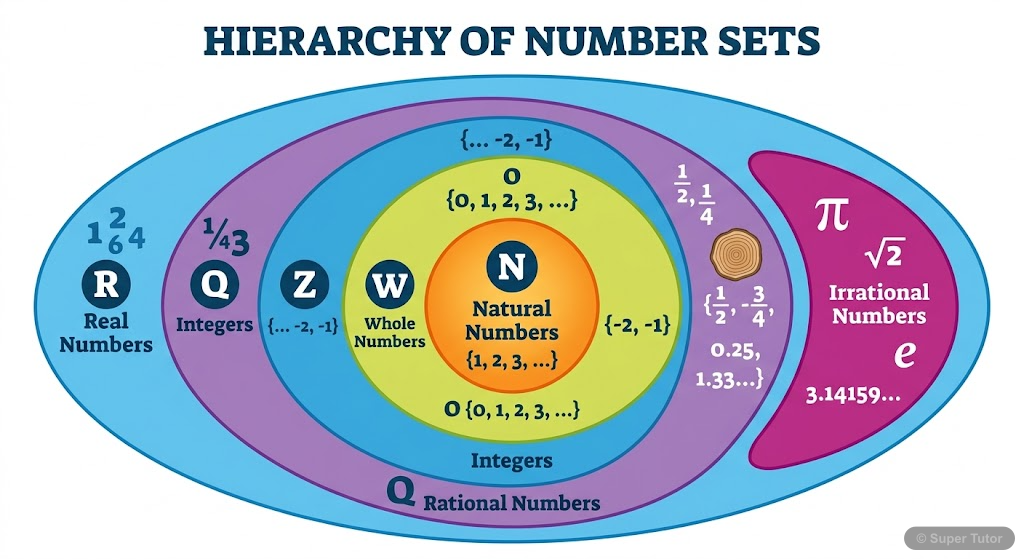 A Venn diagram showing the nested relationships between Natural Numbers (N), Whole Numbers (W), Integers (Z), Rational Numbers (Q), and Real Numbers (R). Irrational numbers should be shown as part of 