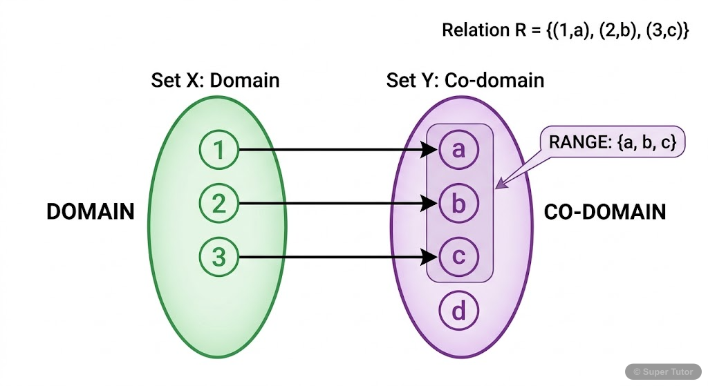 A diagram illustrating a relation from set X to set Y, clearly showing the domain, range, and co-domain within the context of the sets and the mapping.
