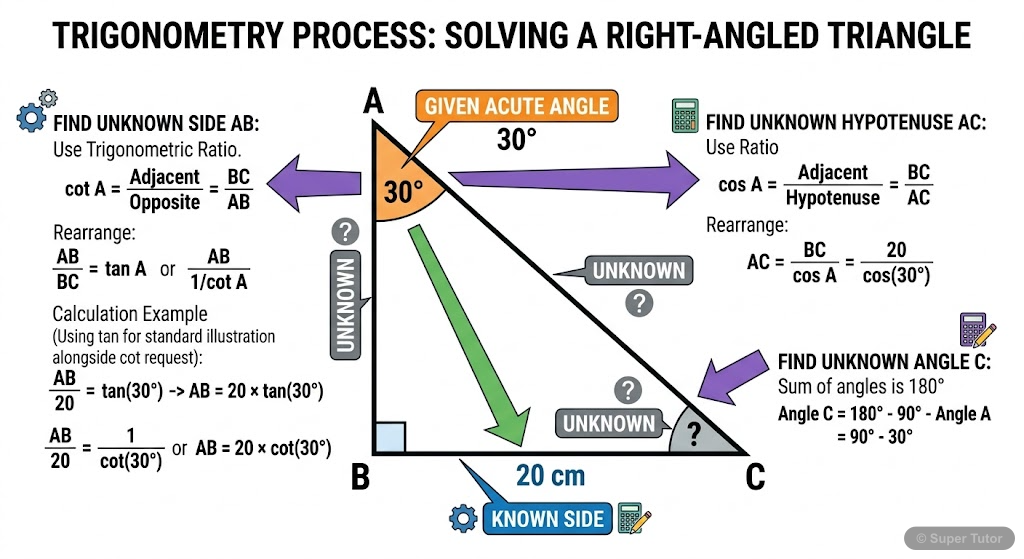 A labeled diagram showing a right-angled triangle with one side length and one acute angle provided. The unknown sides and angles are indicated, demonstrating how trigonometric ratios (sine, cosine, t
