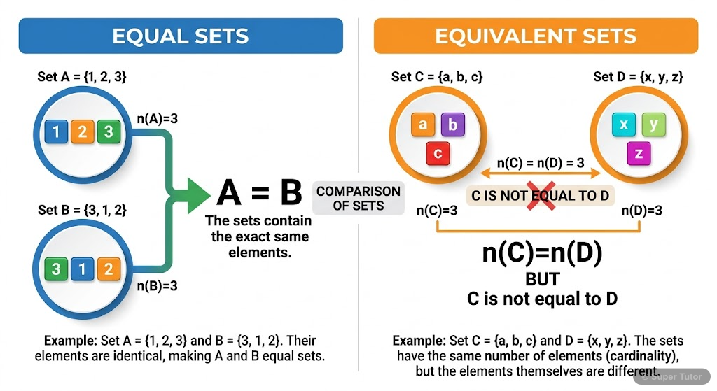 Equal Sets vs. Equivalent Sets A comparison illustrating the difference between equal sets (identical elements) and equivalent sets (same number of elements), with clear examples.