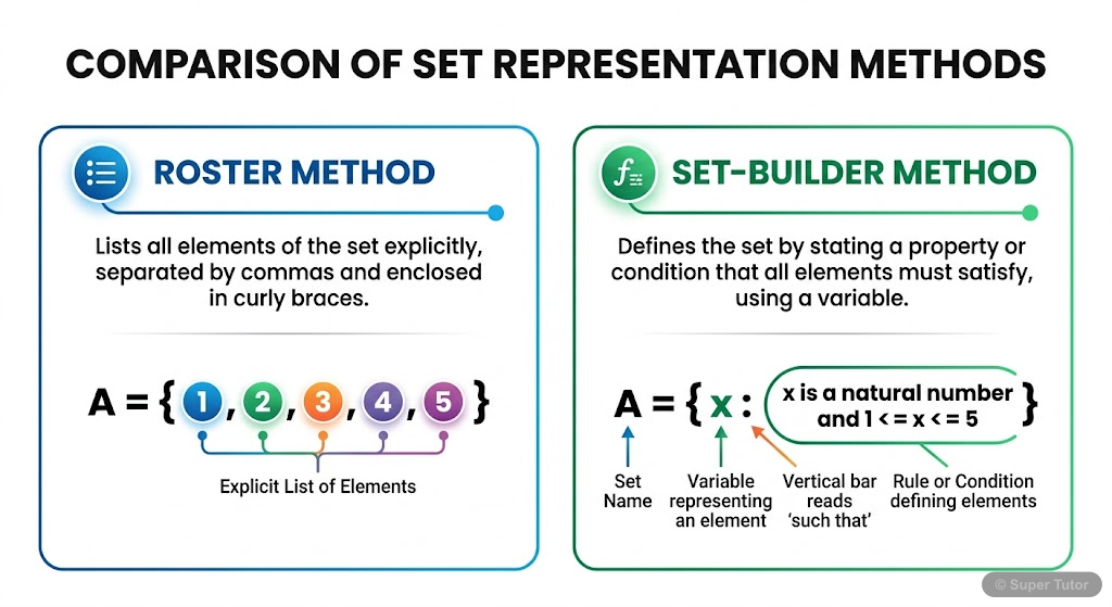 A comparison illustrating how the same set can be represented using the Roster (listing) method and the Set-Builder method, with clear examples.