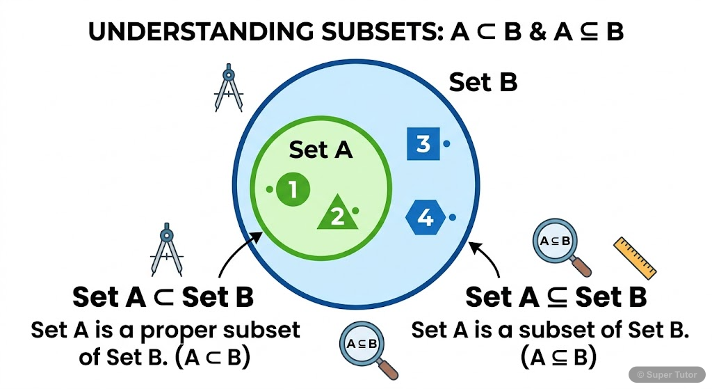 A Venn diagram illustrating the relationship between a set A and a set B where A is a subset of B, and specifically, a proper subset of B.