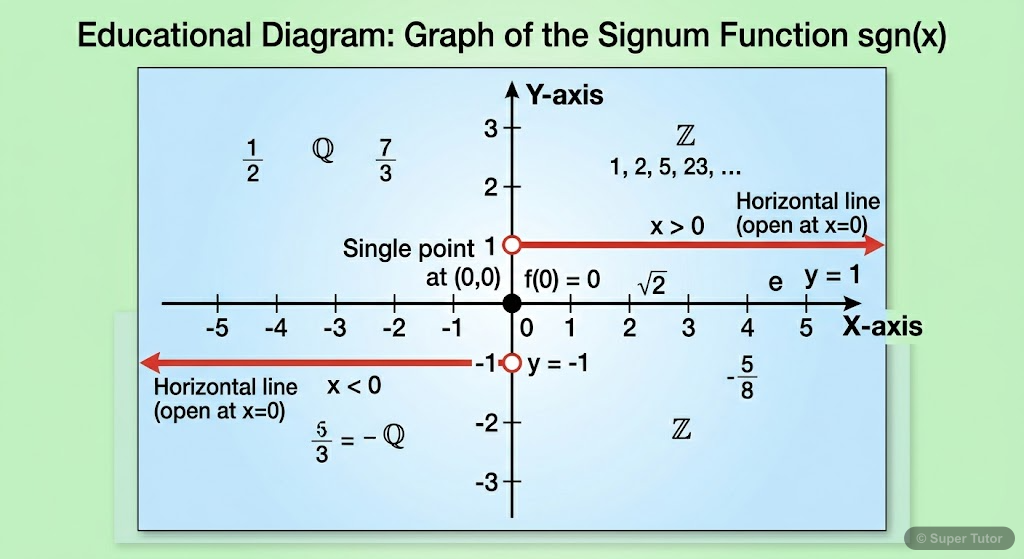 A Cartesian coordinate system showing the step-like graph of the signum function, f(x) = -1 for x<0, 0 for x=0, and 1 for x>0.