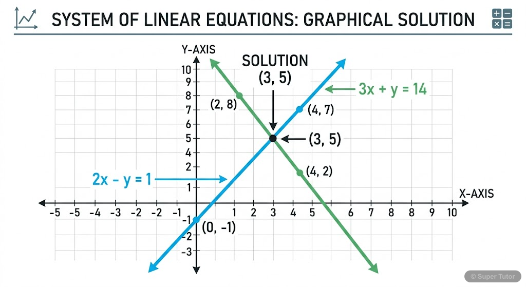A diagram illustrating two linear equations with two variables and their common solution point, emphasizing that they are 'simultaneous' equations.