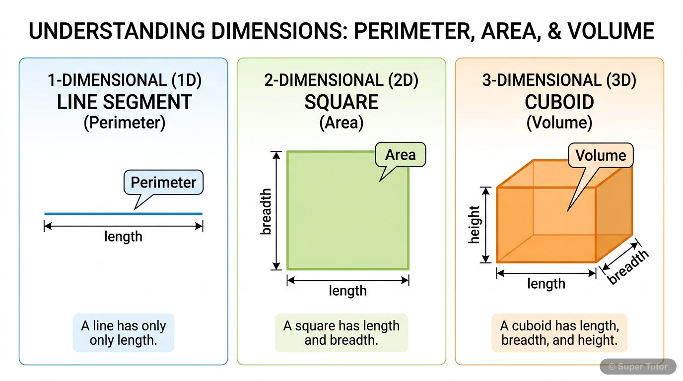 A comparison illustrating the concept of 1-D (perimeter), 2-D (area), and 3-D (solid/volume) figures with simple geometric shapes.