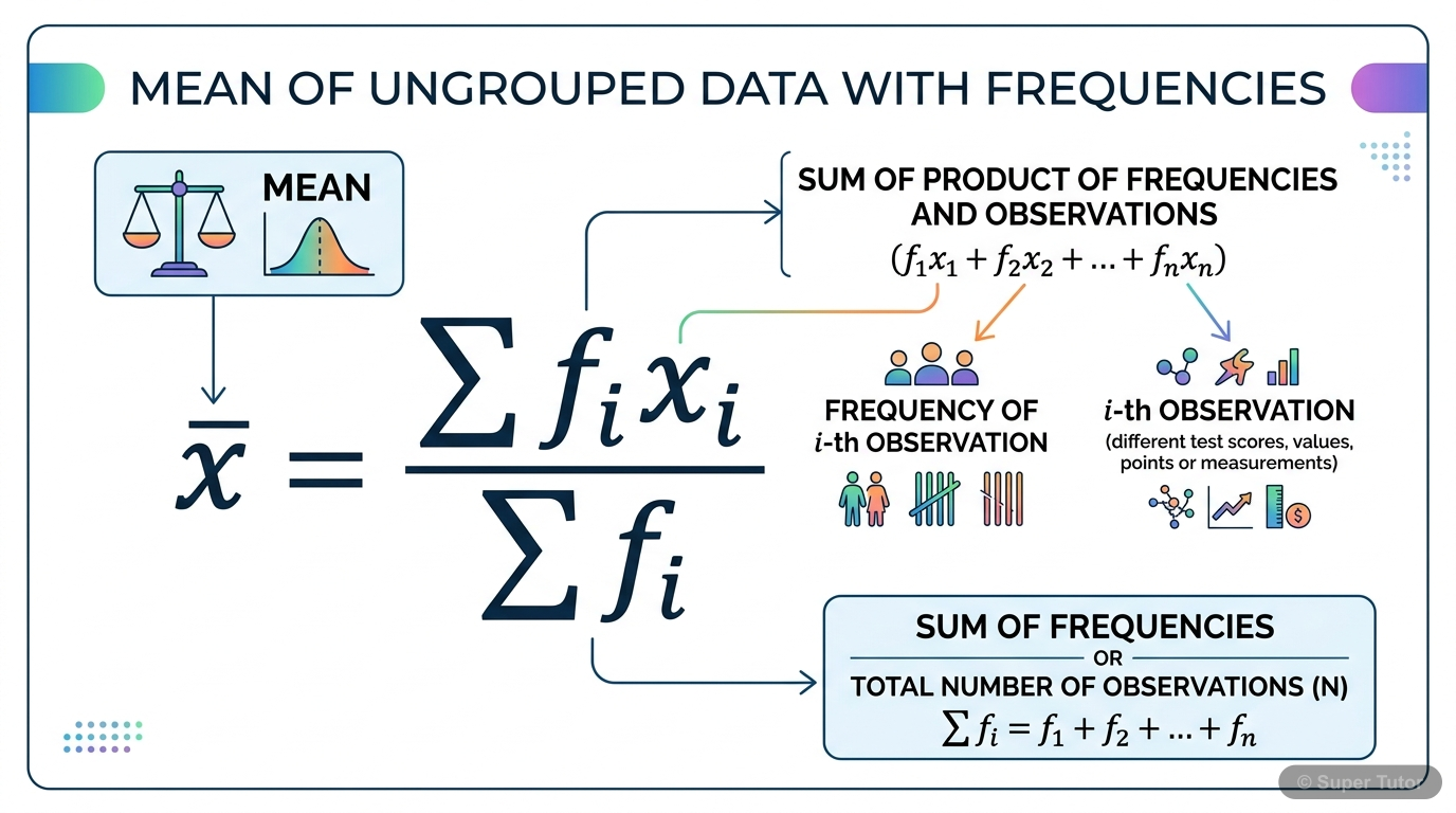 A visual representation of the formula for calculating the mean of ungrouped data with frequencies, showing the summation notation.