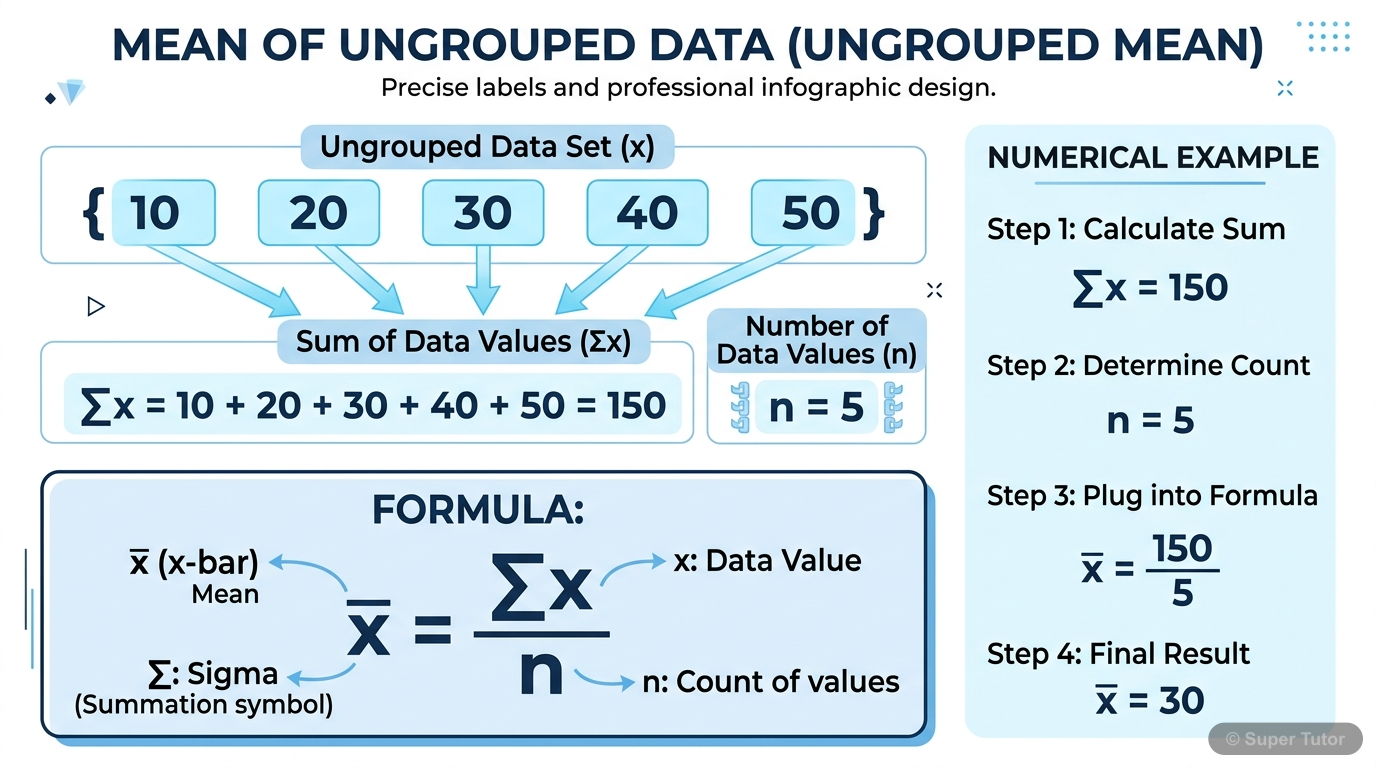 An illustration showing the formula for calculating the mean of ungrouped data, with an example set of numbers and their sum and count.