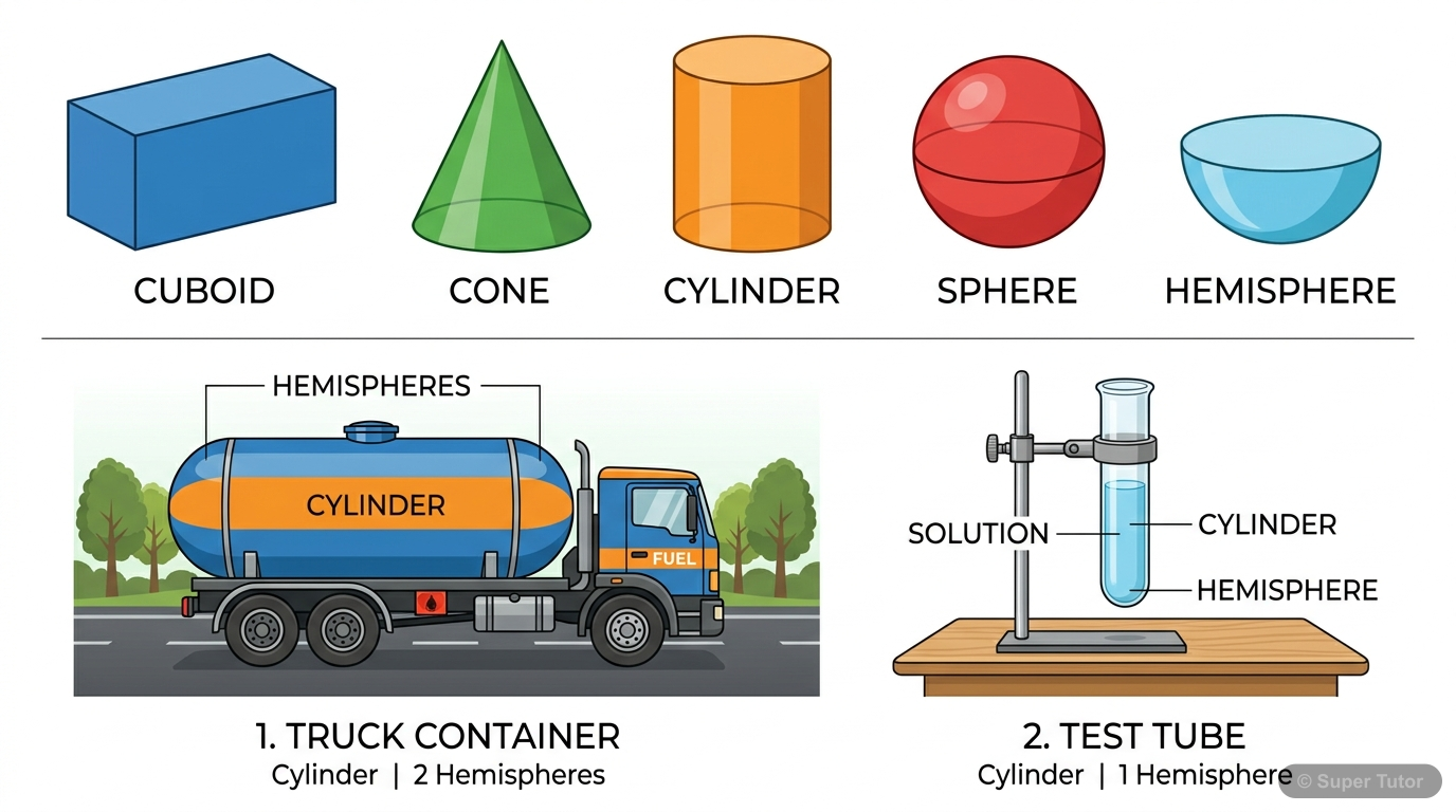 An illustration showing common 3D geometric shapes (cuboid, cone, cylinder, sphere, hemisphere) and examples of real-world objects formed by combining these basic shapes, such as a truck container (cy