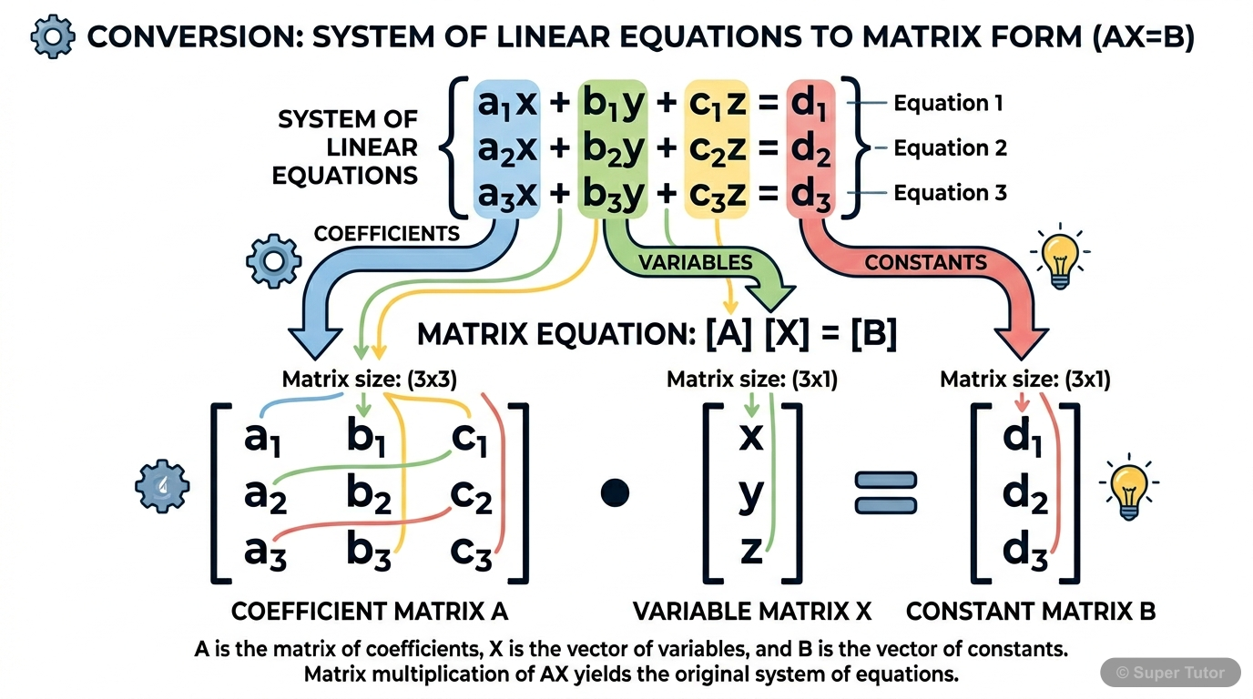 A diagram showing how a system of three linear equations with three variables can be represented in the matrix form AX=B.
