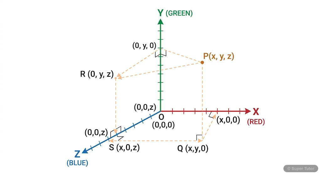 An illustration of a three-dimensional Cartesian coordinate system with X, Y, and Z axes, showing a point P(x, y, z) and its projections onto the coordinate planes to help visualize 3D space.