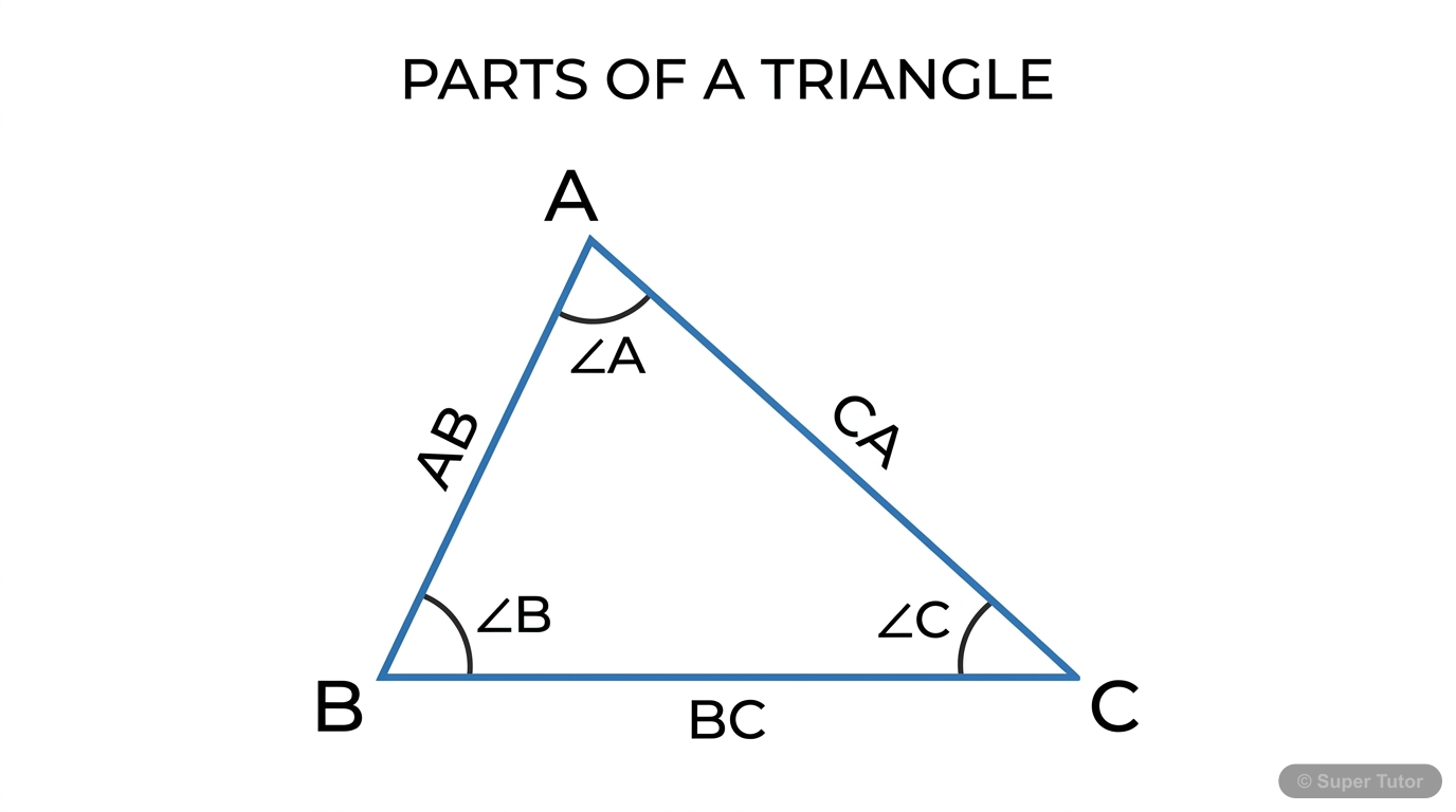 A labeled diagram showing the vertices, sides, and angles of a basic triangle ABC.