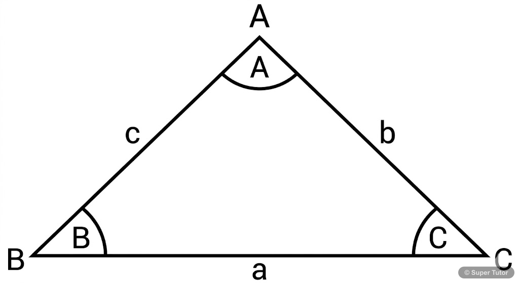 A triangle ABC with vertices A, B, C. Sides opposite to these vertices are labeled a, b, c respectively. Angles at vertices A, B, C are labeled A, B, C. This diagram establishes the standard notation 