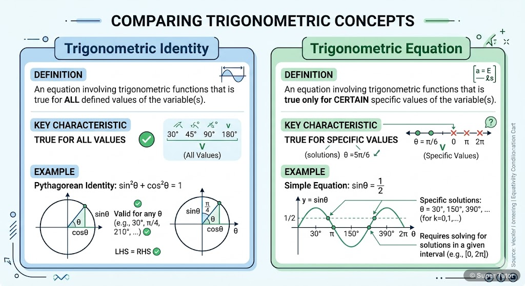 A comparison chart highlighting the key differences between trigonometric identities (satisfied for all values) and trigonometric equations (satisfied for specific values). Include examples for each.