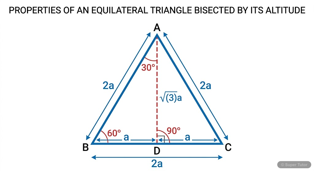A labeled diagram showing an equilateral triangle bisected by an altitude, illustrating how to derive sine, cosine, and tangent for 30° and 60° angles using side lengths 'a' and '2a'.