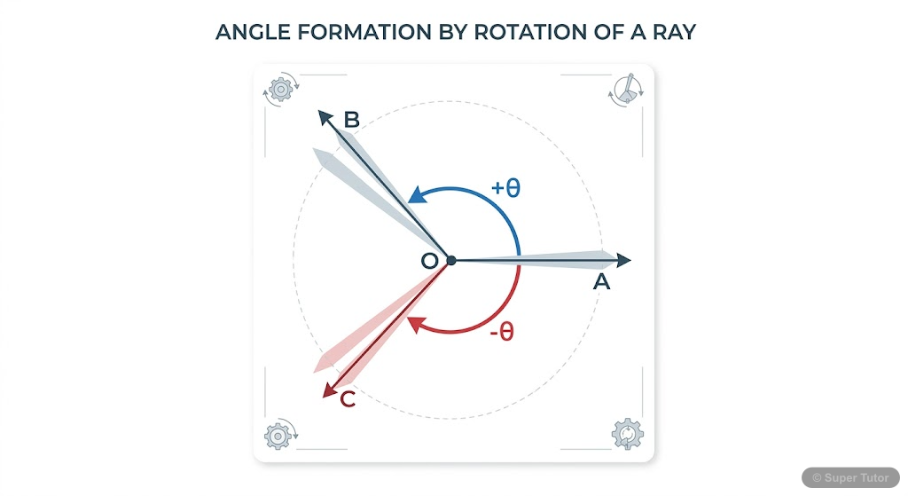 A diagram illustrating the definition of an angle as a measure of rotation, showing the initial side, terminal side, and vertex. It clearly distinguishes between positive (anti-clockwise) and negative