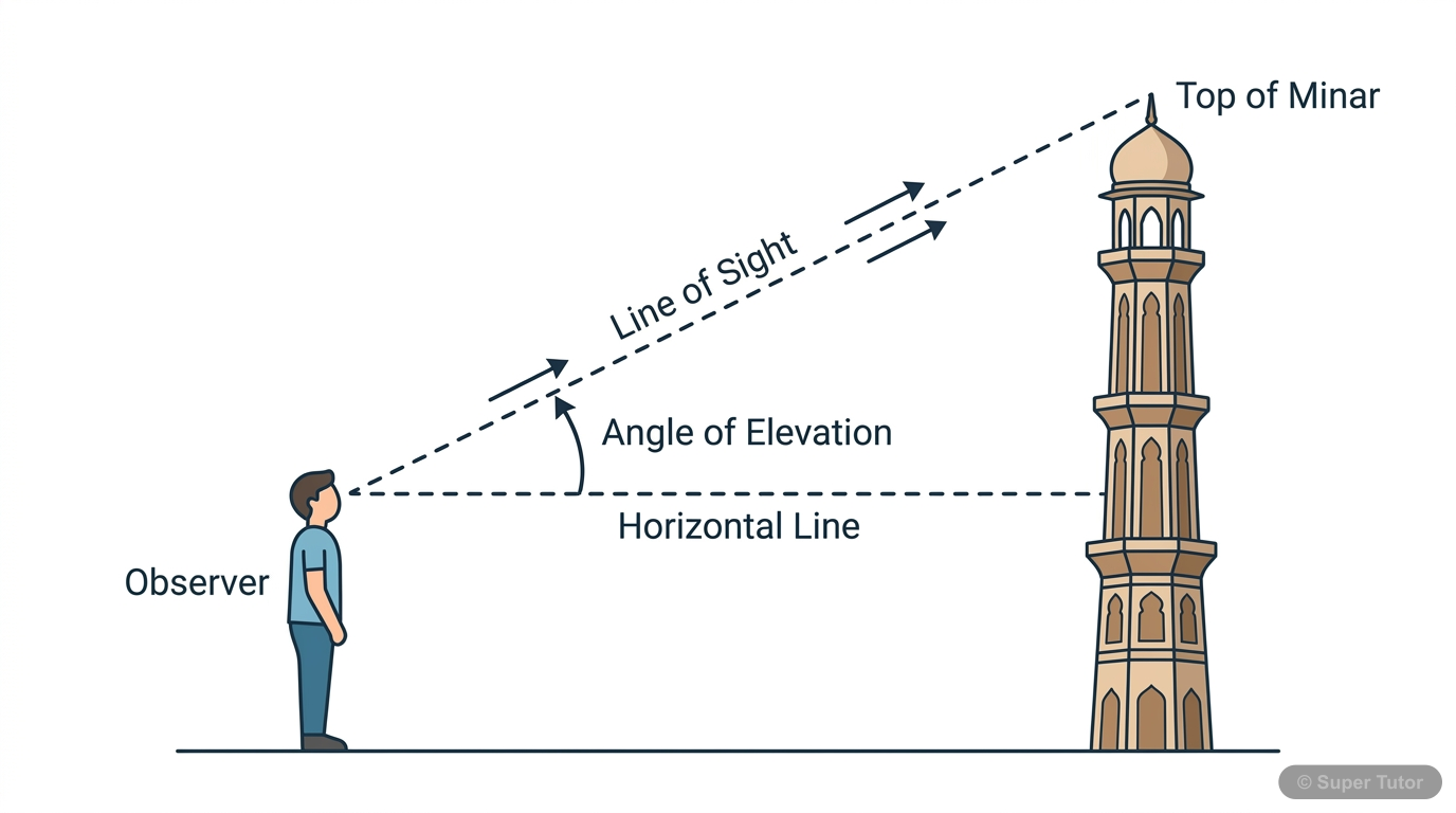 A diagram illustrating the angle of elevation, showing an observer looking up at an object, with the line of sight and horizontal line forming the angle.