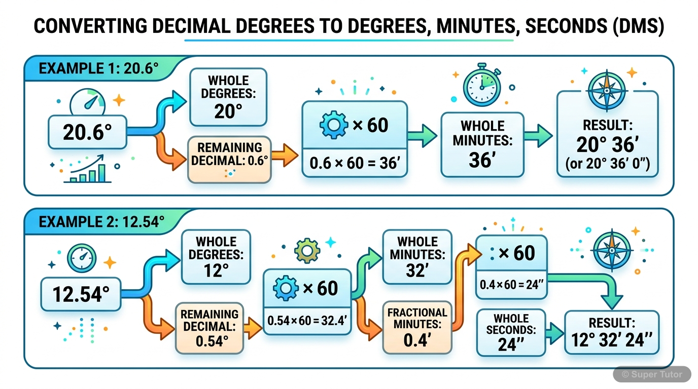 An illustration showing the conversion process between decimal degrees and degrees, minutes, and seconds (DMS) format, with examples.