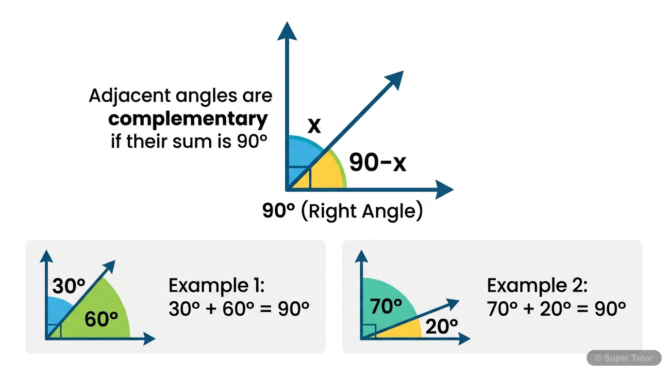 An illustration showing two acute angles whose sum is 90 degrees, defining them as complementary angles. Examples like 30 and 60 degrees, and a general case with x and (90-x) degrees.