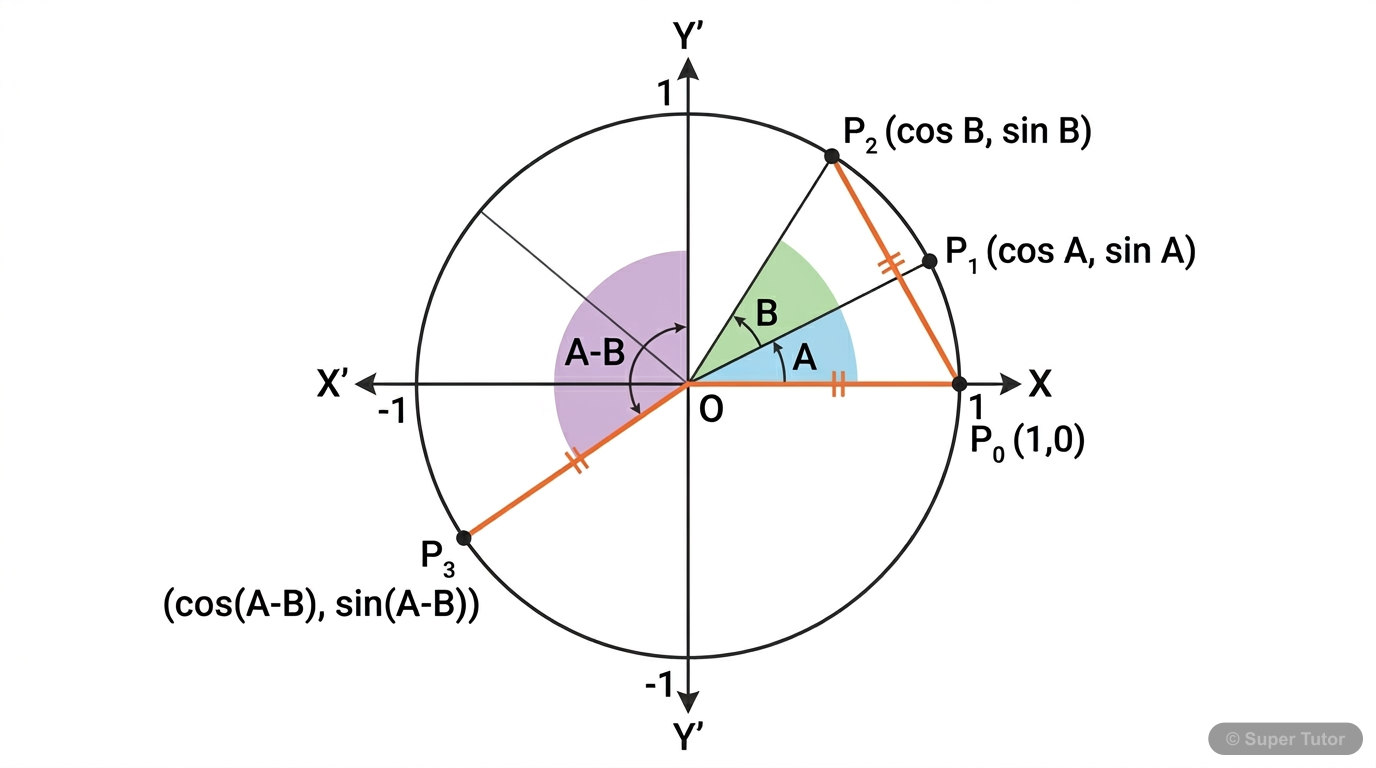 A unit circle diagram illustrating the geometric proof of the compound angle formula for cos(A - B). It shows angles A, B, and A-B, with points P1, P2, P3, and P0 (1,0) on the circle. Equal chords P0P